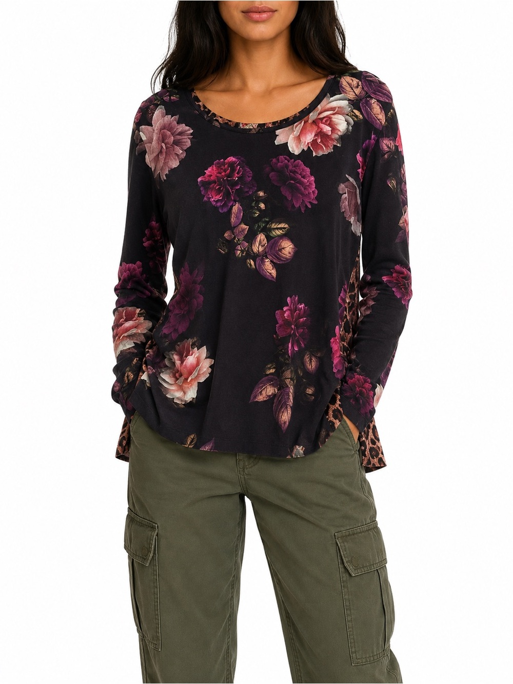 Johnny Was Janie Favorite Bamboo Regal Rose Leopard Back Long Sleeve Tee Med NEW